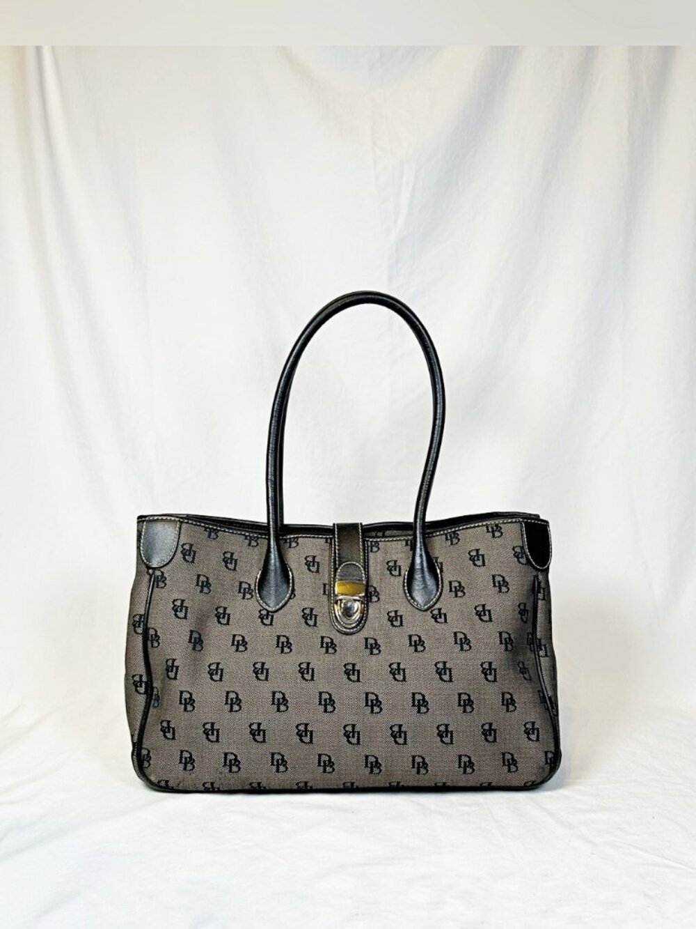 Vintage Dooney & Bourke Large Black Gray Canvas Signature Leather Tote Bag
